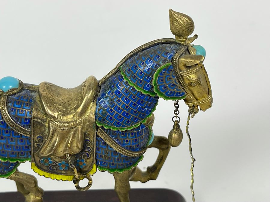 Vintage Chinese Silver Cloissone Horse On Wooden Stand Signed Silver Made In China 147.8g [Photo 7]