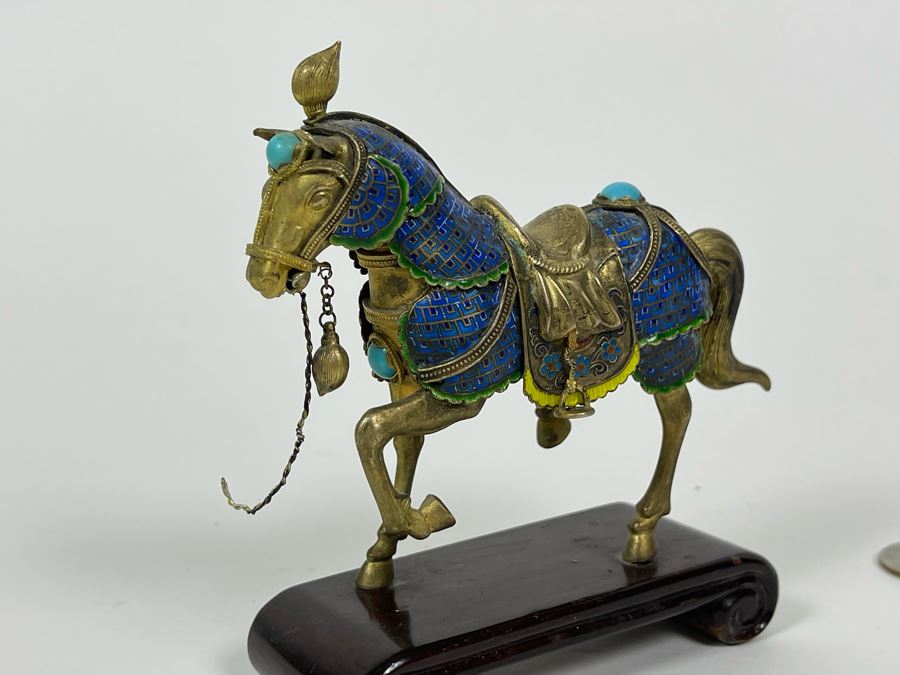 Vintage Chinese Silver Cloissone Horse On Wooden Stand Signed Silver Made In China 147.8g [Photo 15]