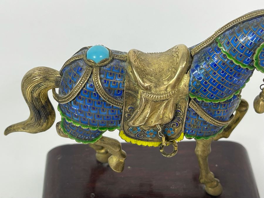 Vintage Chinese Silver Cloissone Horse On Wooden Stand Signed Silver Made In China 147.8g [Photo 6]