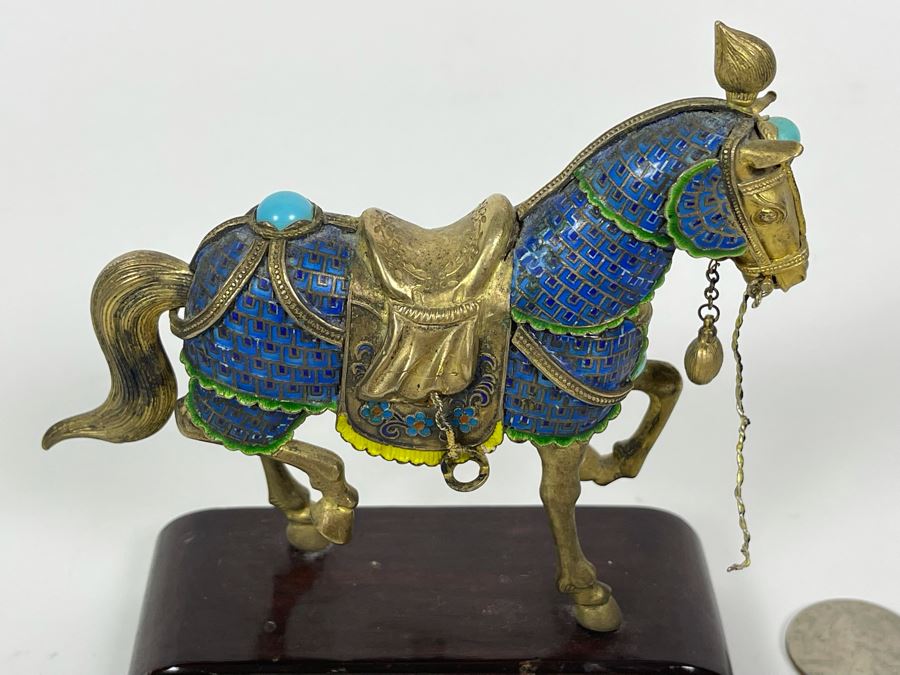Vintage Chinese Silver Cloissone Horse On Wooden Stand Signed Silver Made In China 147.8g [Photo 5]