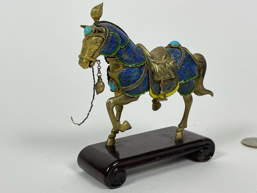 Vintage Chinese Silver Cloissone Horse On Wooden Stand Signed Silver Made In China 147.8g [Photo 14]