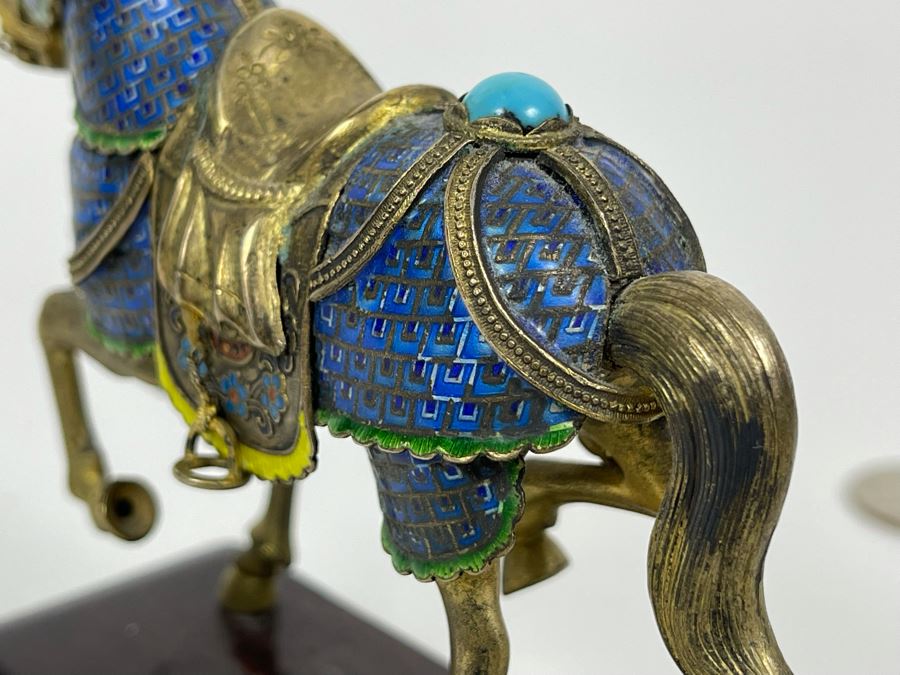 Vintage Chinese Silver Cloissone Horse On Wooden Stand Signed Silver Made In China 147.8g [Photo 18]
