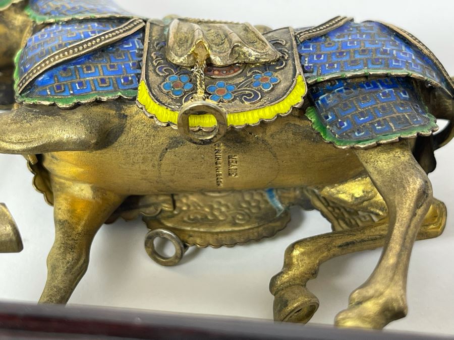 Vintage Chinese Silver Cloissone Horse On Wooden Stand Signed Silver Made In China 147.8g [Photo 23]