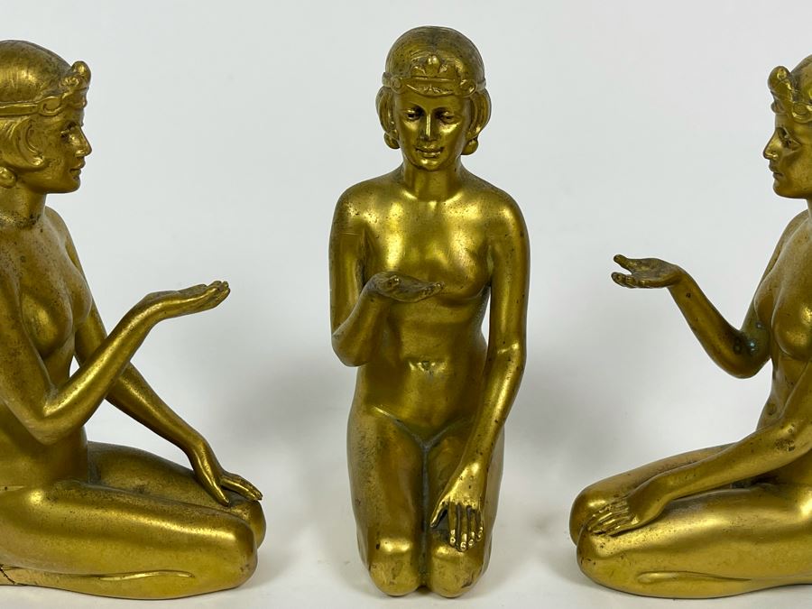 Set Of Three Gilt Metal Art Deco Sculptures Made In Germany Believed To Be Part Of Stand 4.5H X 3D [Photo 8]