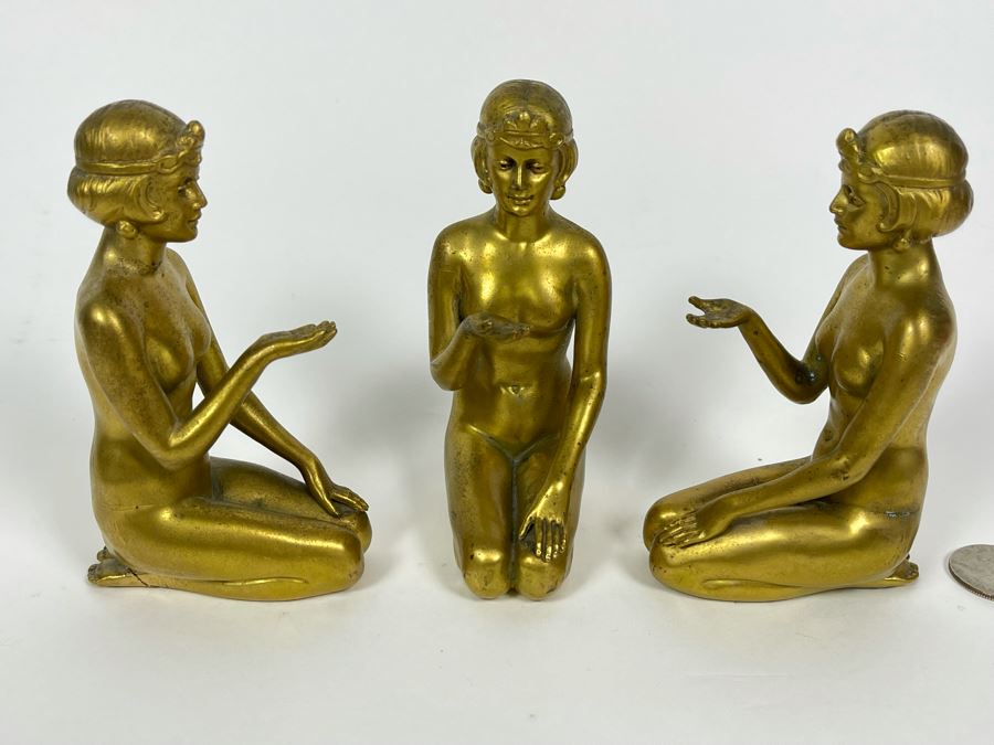 Set Of Three Gilt Metal Art Deco Sculptures Made In Germany Believed To Be Part Of Stand 4.5H X 3D [Photo 7]