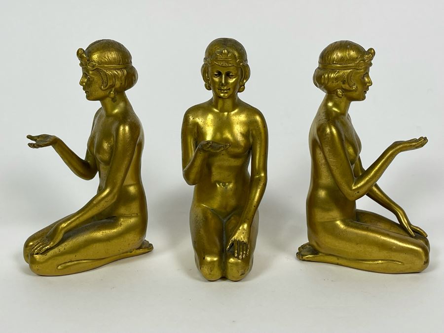 Set Of Three Gilt Metal Art Deco Sculptures Made In Germany Believed To Be Part Of Stand 4.5H X 3D [Photo 11]