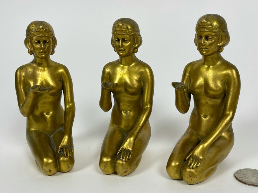Set Of Three Gilt Metal Art Deco Sculptures Made In Germany Believed To Be Part Of Stand 4.5H X 3D [Photo 4]