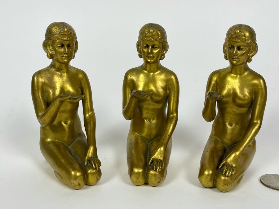 Set Of Three Gilt Metal Art Deco Sculptures Made In Germany Believed To Be Part Of Stand 4.5H X 3D [Photo 3]