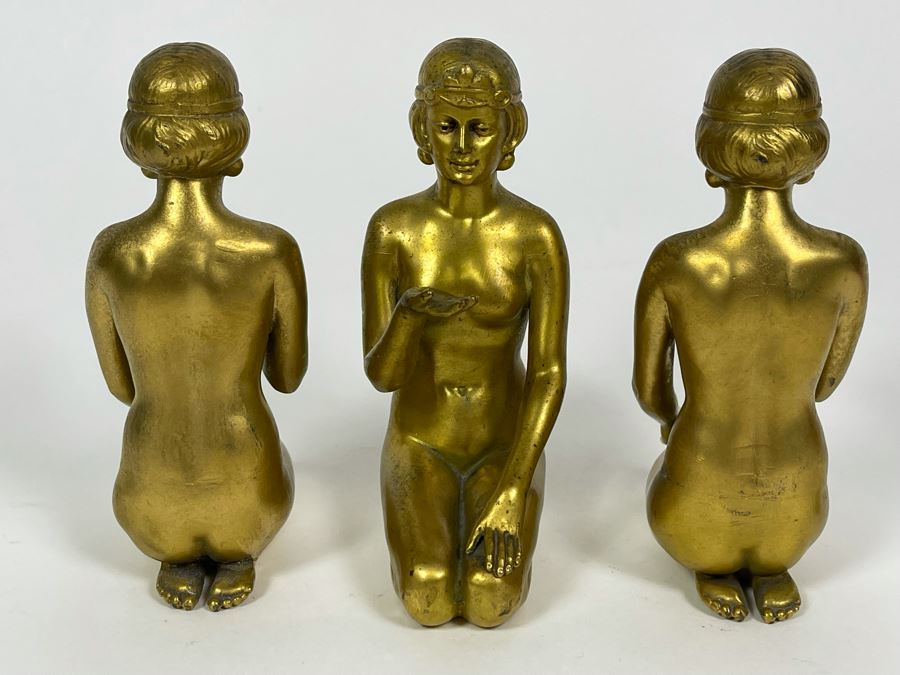 Set Of Three Gilt Metal Art Deco Sculptures Made In Germany Believed To Be Part Of Stand 4.5H X 3D [Photo 10]