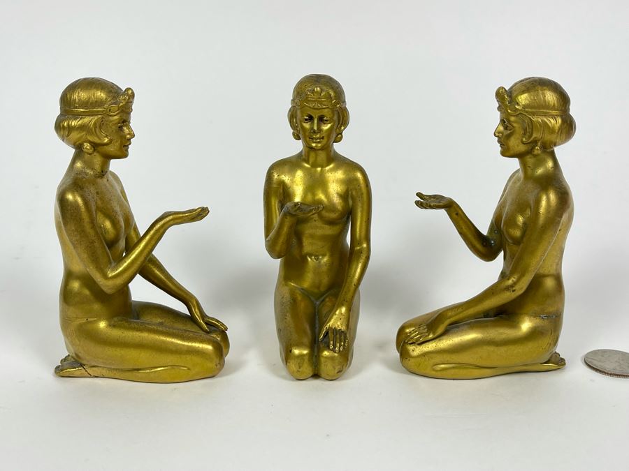 Set Of Three Gilt Metal Art Deco Sculptures Made In Germany Believed To Be Part Of Stand 4.5H X 3D [Photo 6]