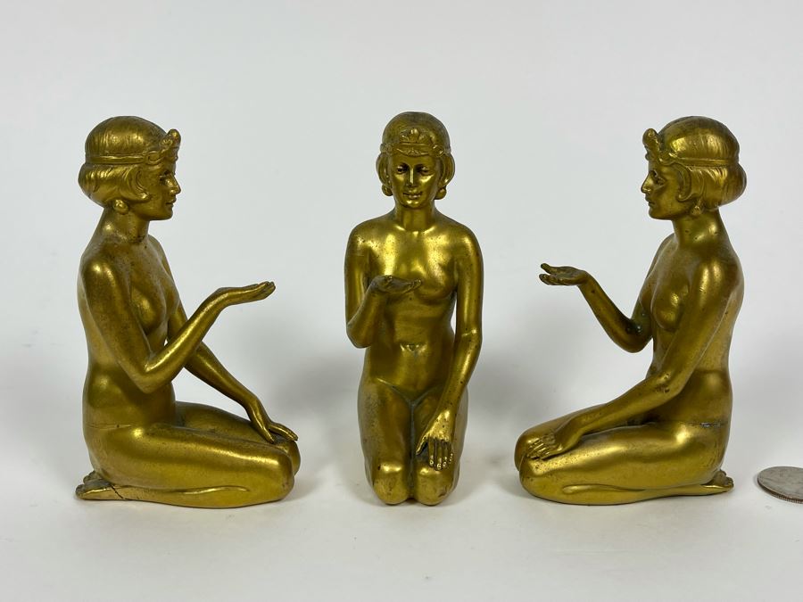 Set Of Three Gilt Metal Art Deco Sculptures Made In Germany Believed To Be Part Of Stand 4.5H X 3D [Photo 1]