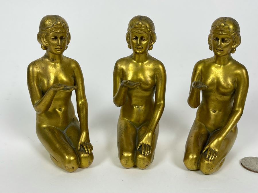 Set Of Three Gilt Metal Art Deco Sculptures Made In Germany Believed To Be Part Of Stand 4.5H X 3D [Photo 2]