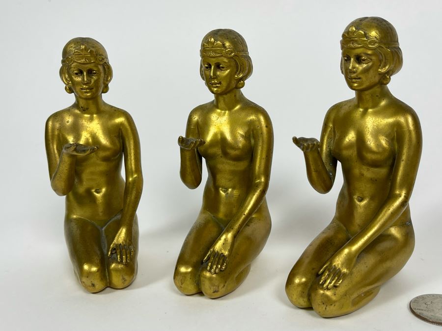 Set Of Three Gilt Metal Art Deco Sculptures Made In Germany Believed To Be Part Of Stand 4.5H X 3D [Photo 5]