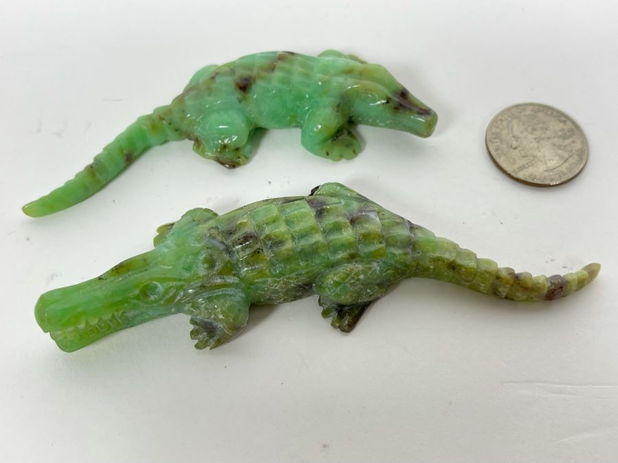 Pair Of Carved Green Stone Crocodiles Alligators [Photo 2]