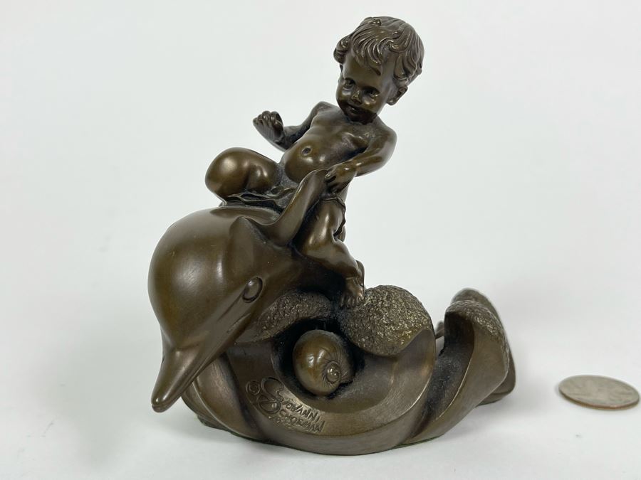 Giovanni Schoeman Bronze Of Boy Riding Dolphin 1977 5.5W X 4.5H [Photo 2]