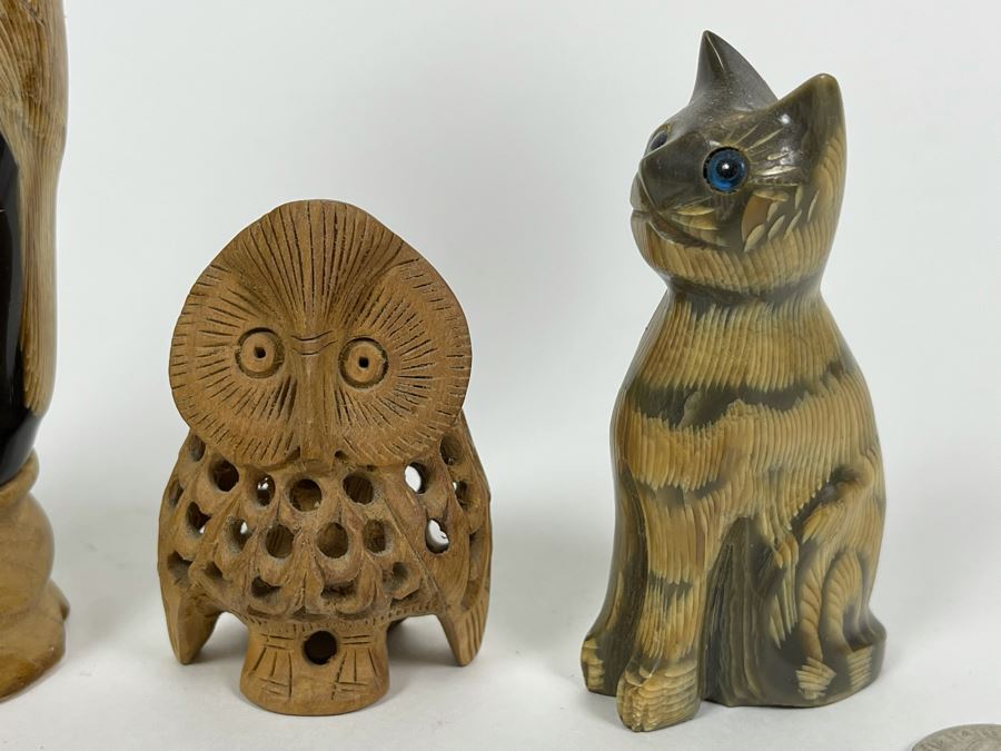 Large Hand Carved Owl Scupture 8H, Small Carved Cat Sculpture 3.5H And Carved Wooden Owl Within An Owl Sculpture 2.5H [Photo 5]