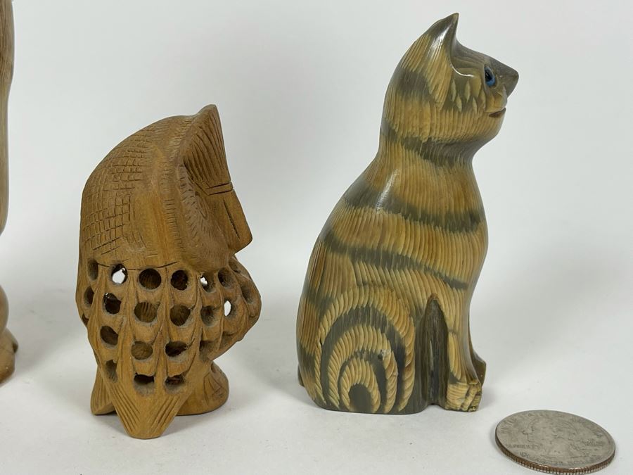 Large Hand Carved Owl Scupture 8H, Small Carved Cat Sculpture 3.5H And Carved Wooden Owl Within An Owl Sculpture 2.5H [Photo 8]