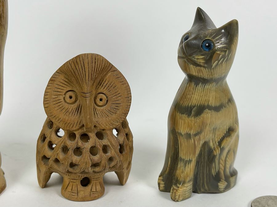 Large Hand Carved Owl Scupture 8H, Small Carved Cat Sculpture 3.5H And Carved Wooden Owl Within An Owl Sculpture 2.5H [Photo 6]