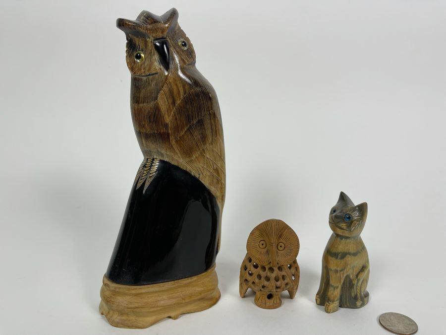 Large Hand Carved Owl Scupture 8H, Small Carved Cat Sculpture 3.5H And Carved Wooden Owl Within An Owl Sculpture 2.5H [Photo 2]