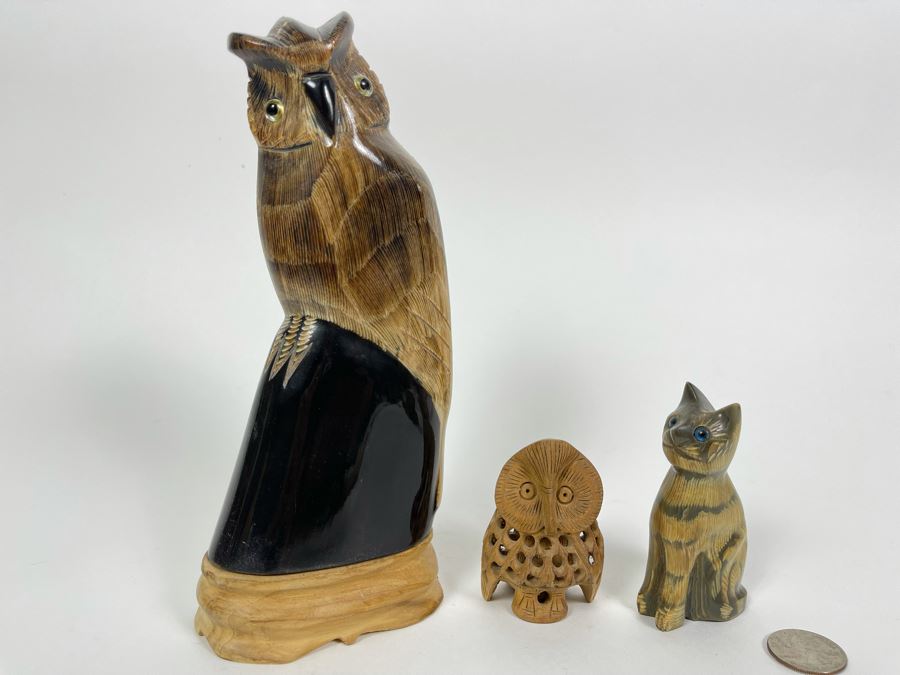 Large Hand Carved Owl Scupture 8H, Small Carved Cat Sculpture 3.5H And Carved Wooden Owl Within An Owl Sculpture 2.5H