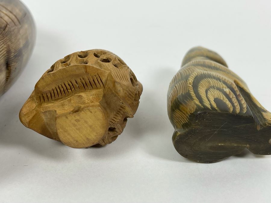 Large Hand Carved Owl Scupture 8H, Small Carved Cat Sculpture 3.5H And Carved Wooden Owl Within An Owl Sculpture 2.5H [Photo 11]