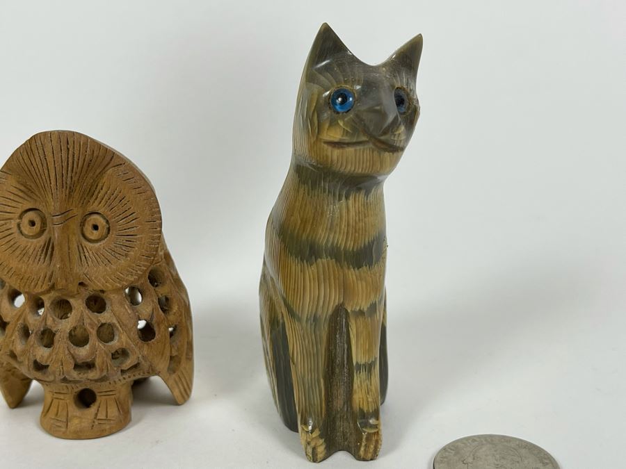 Large Hand Carved Owl Scupture 8H, Small Carved Cat Sculpture 3.5H And Carved Wooden Owl Within An Owl Sculpture 2.5H [Photo 7]