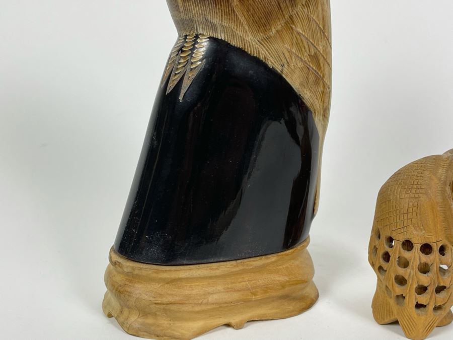 Large Hand Carved Owl Scupture 8H, Small Carved Cat Sculpture 3.5H And Carved Wooden Owl Within An Owl Sculpture 2.5H [Photo 9]