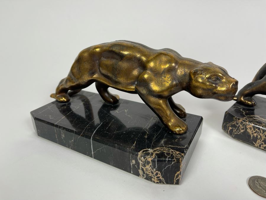 Pair Of Art Deco Metal Panthers On Marble Bases 8W X 3.5D X 4H [Photo 7]