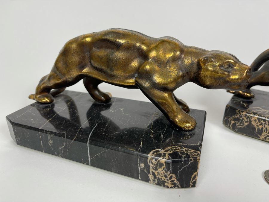Pair Of Art Deco Metal Panthers On Marble Bases 8W X 3.5D X 4H [Photo 6]