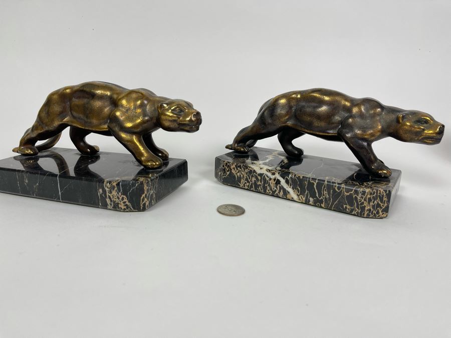 Pair Of Art Deco Metal Panthers On Marble Bases 8W X 3.5D X 4H [Photo 2]