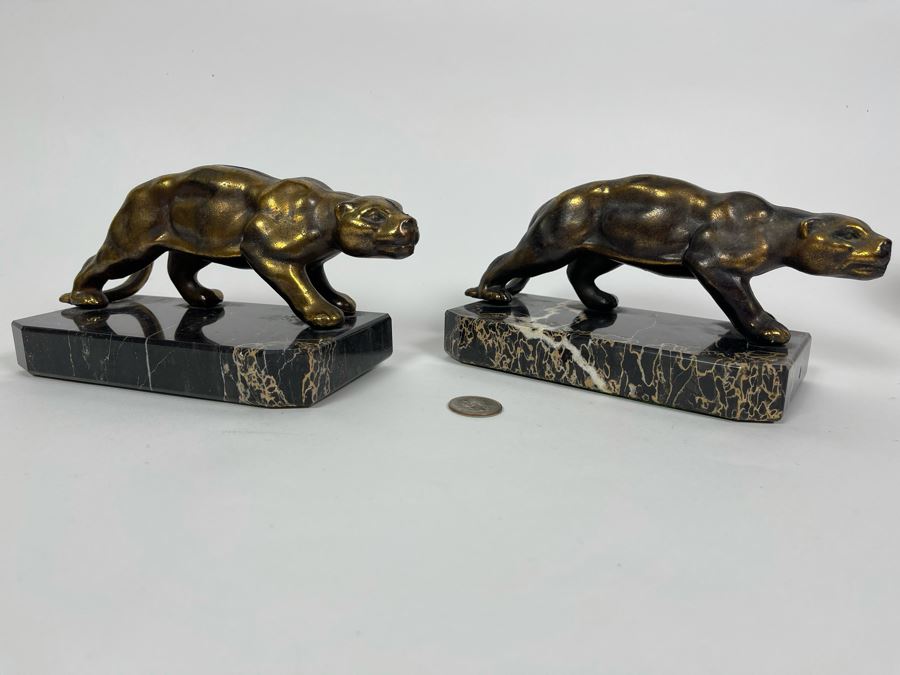 Pair Of Art Deco Metal Panthers On Marble Bases 8W X 3.5D X 4H [Photo 3]