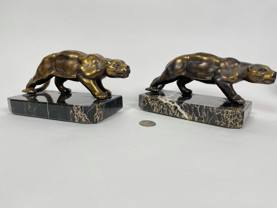 Pair Of Art Deco Metal Panthers On Marble Bases 8W X 3.5D X 4H