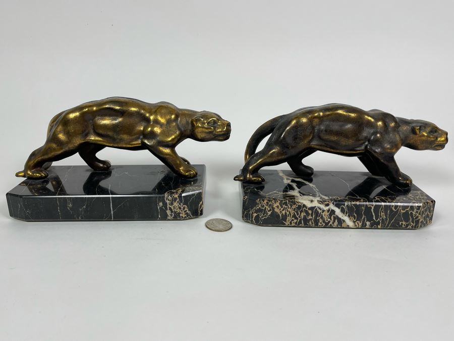 Pair Of Art Deco Metal Panthers On Marble Bases 8W X 3.5D X 4H [Photo 13]