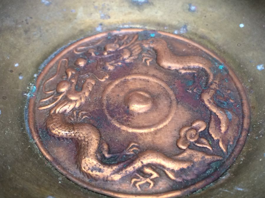 Vintage Brass and Copper Chinese Ashtray with Dragons