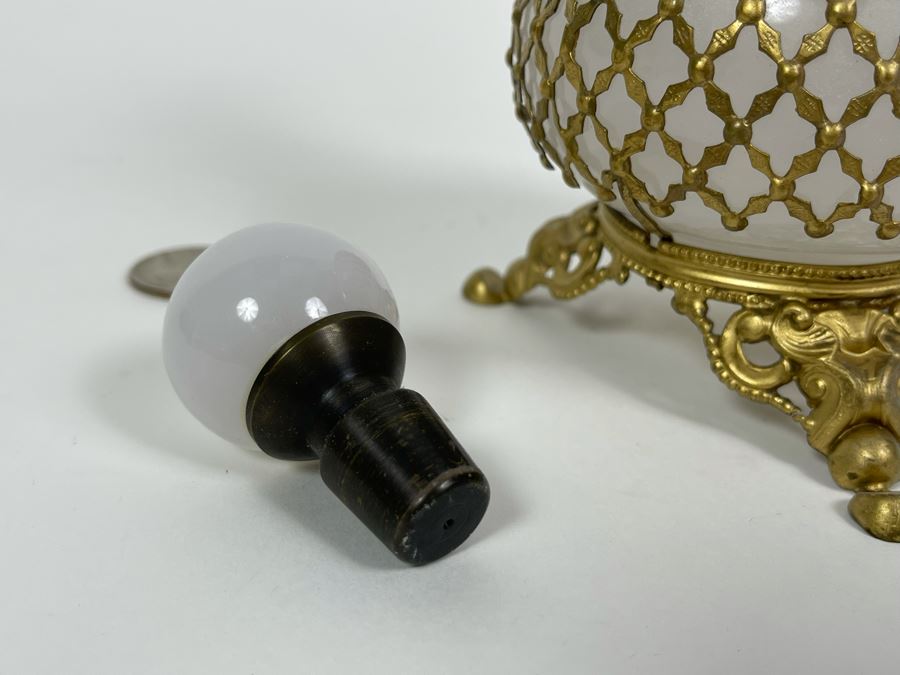 Pair Of Vintage Footed Milk Glass Perfume Bottles With Gilt Metal Overlay 6.5H And 7.5H [Photo 13]