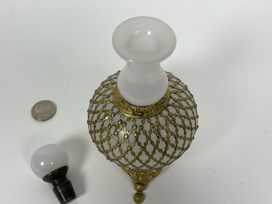 Pair Of Vintage Footed Milk Glass Perfume Bottles With Gilt Metal Overlay 6.5H And 7.5H [Photo 14]