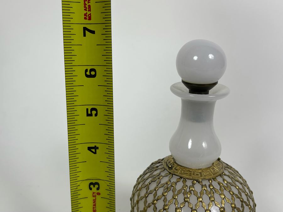 Pair Of Vintage Footed Milk Glass Perfume Bottles With Gilt Metal Overlay 6.5H And 7.5H [Photo 16]