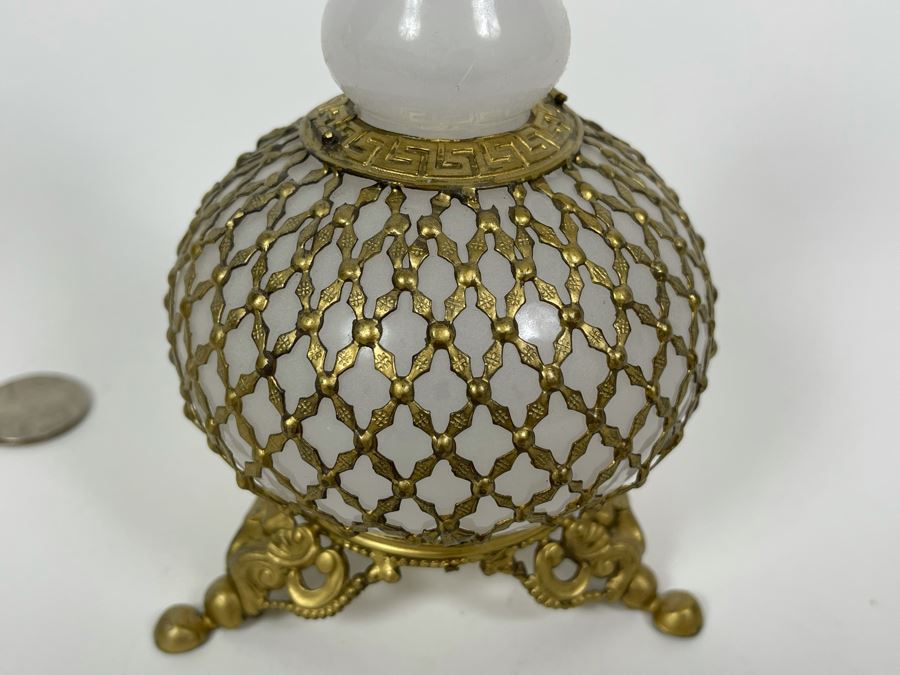Pair Of Vintage Footed Milk Glass Perfume Bottles With Gilt Metal Overlay 6.5H And 7.5H [Photo 10]