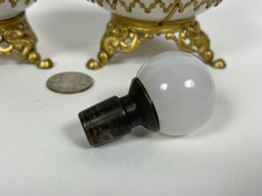 Pair Of Vintage Footed Milk Glass Perfume Bottles With Gilt Metal Overlay 6.5H And 7.5H [Photo 6]