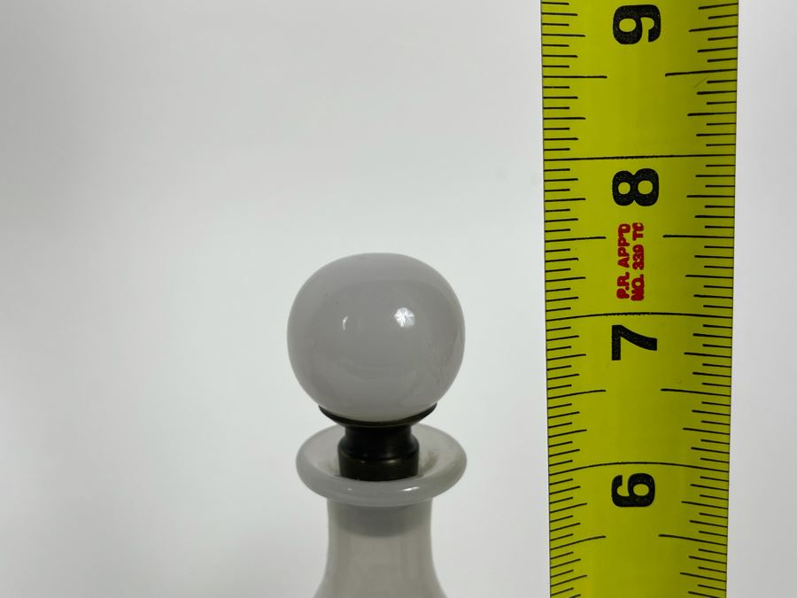 Pair Of Vintage Footed Milk Glass Perfume Bottles With Gilt Metal Overlay 6.5H And 7.5H [Photo 17]