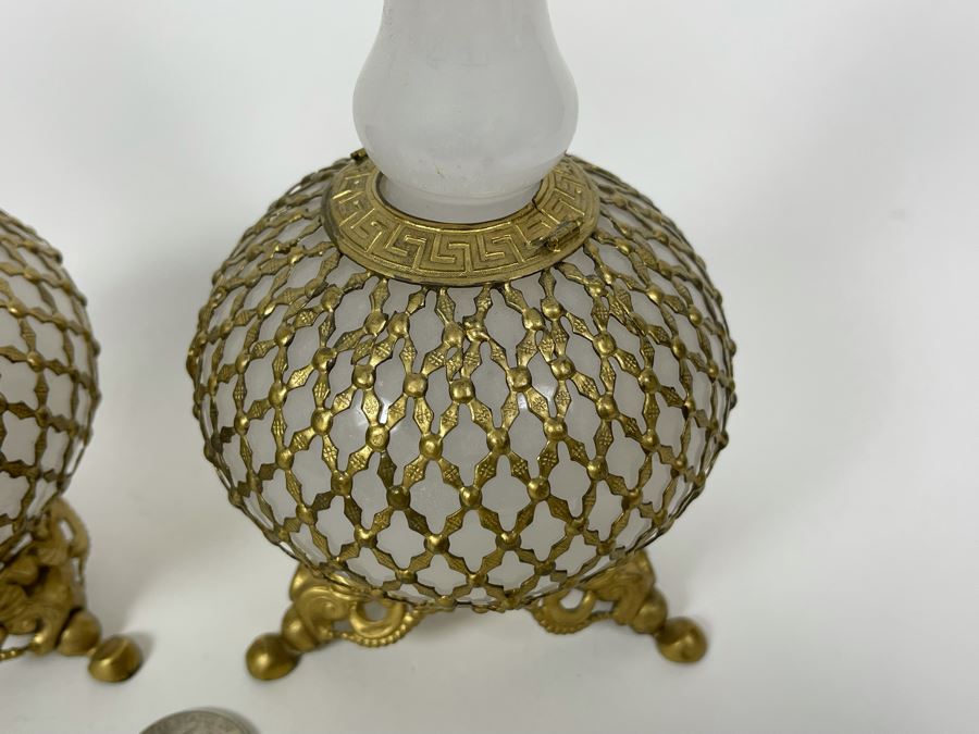 Pair Of Vintage Footed Milk Glass Perfume Bottles With Gilt Metal Overlay 6.5H And 7.5H [Photo 4]