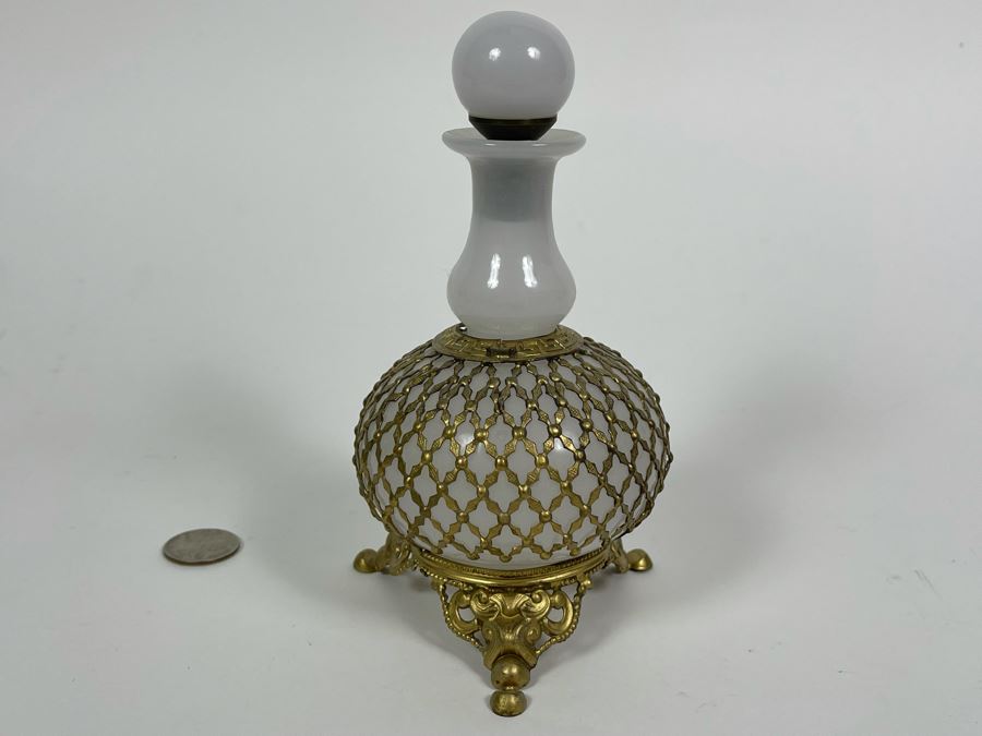 Pair Of Vintage Footed Milk Glass Perfume Bottles With Gilt Metal Overlay 6.5H And 7.5H [Photo 12]