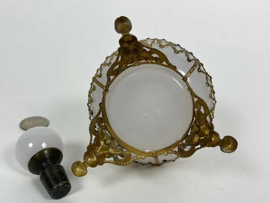 Pair Of Vintage Footed Milk Glass Perfume Bottles With Gilt Metal Overlay 6.5H And 7.5H [Photo 15]