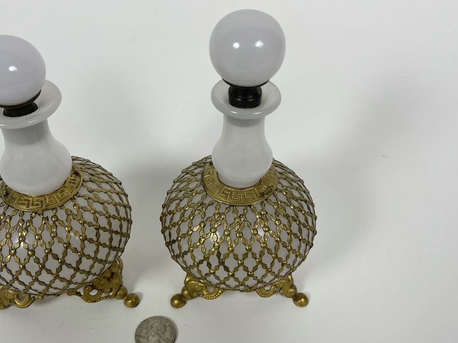 Pair Of Vintage Footed Milk Glass Perfume Bottles With Gilt Metal Overlay 6.5H And 7.5H [Photo 5]