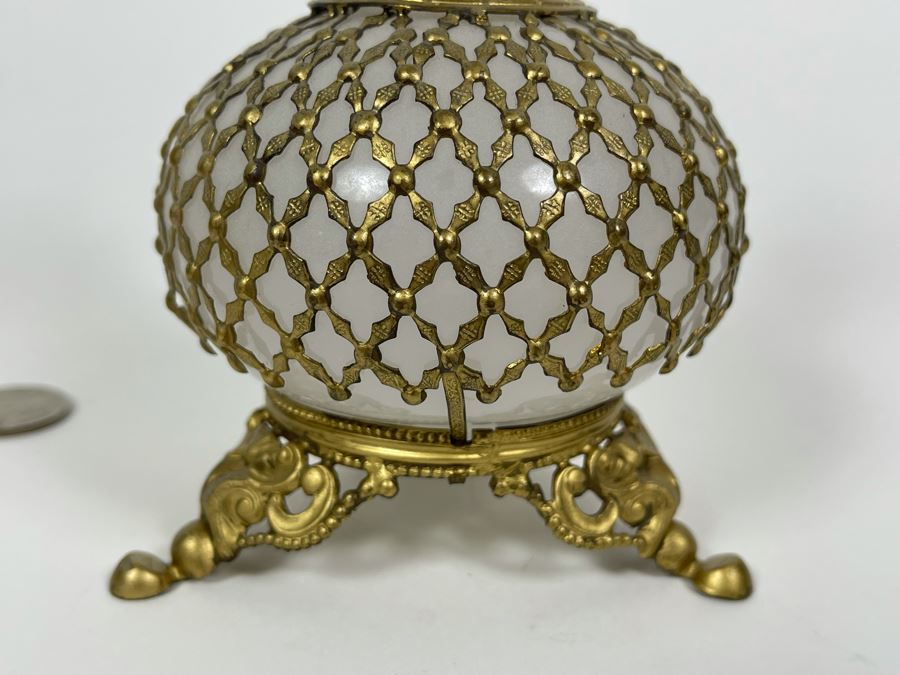 Pair Of Vintage Footed Milk Glass Perfume Bottles With Gilt Metal Overlay 6.5H And 7.5H [Photo 11]