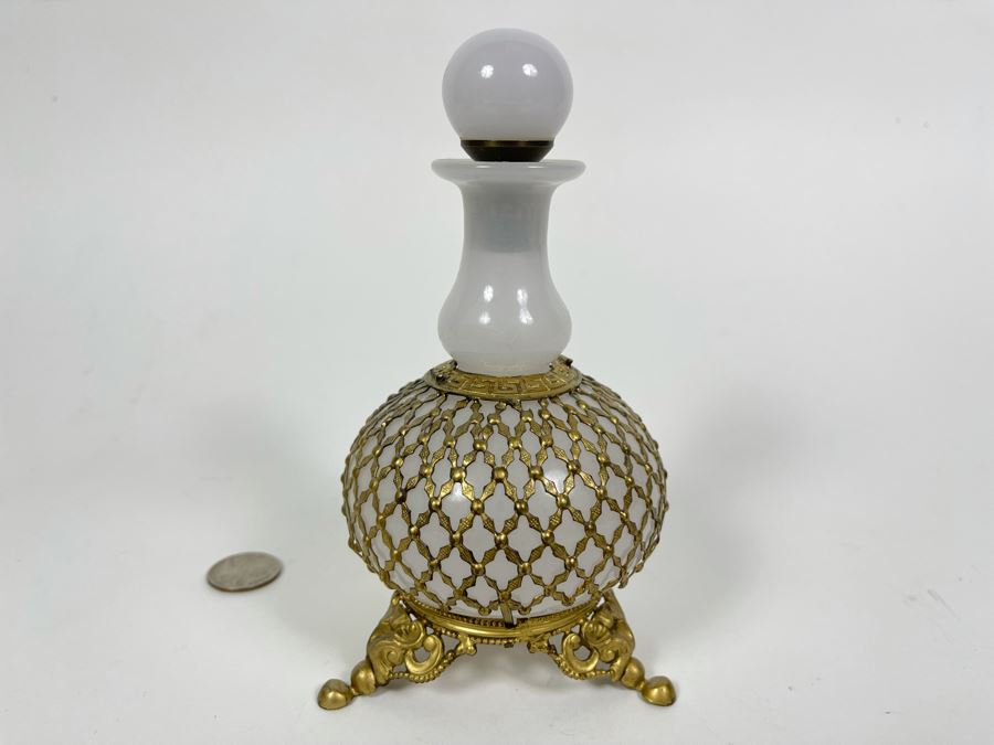 Pair Of Vintage Footed Milk Glass Perfume Bottles With Gilt Metal Overlay 6.5H And 7.5H [Photo 8]