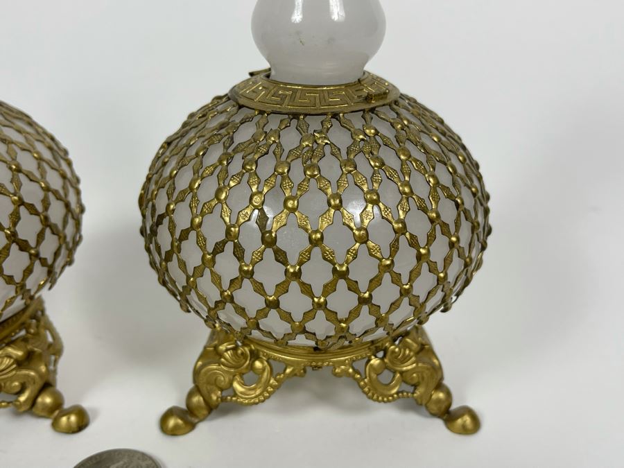 Pair Of Vintage Footed Milk Glass Perfume Bottles With Gilt Metal Overlay 6.5H And 7.5H [Photo 3]