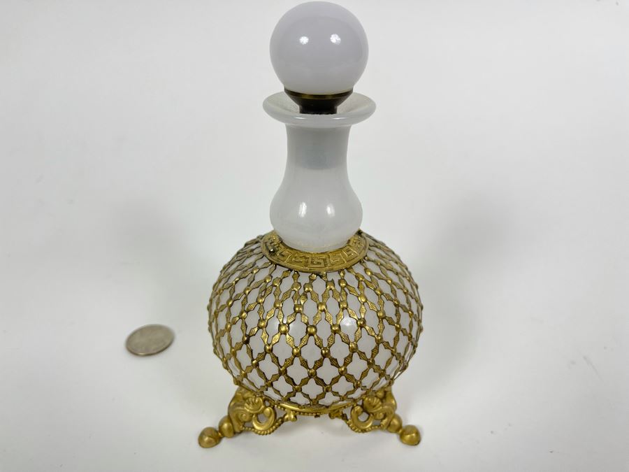 Pair Of Vintage Footed Milk Glass Perfume Bottles With Gilt Metal Overlay 6.5H And 7.5H [Photo 9]