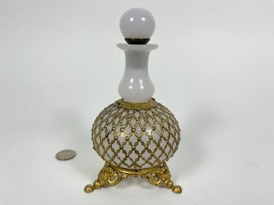 Pair Of Vintage Footed Milk Glass Perfume Bottles With Gilt Metal Overlay 6.5H And 7.5H [Photo 7]