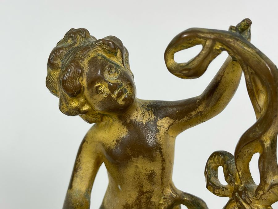 Antique French Working Mechanical Desk Clock With A Figure Of A Boy Gilded Bronze Metal MSB MFG CO 4.5W X 3.25D X 7H [Photo 9]